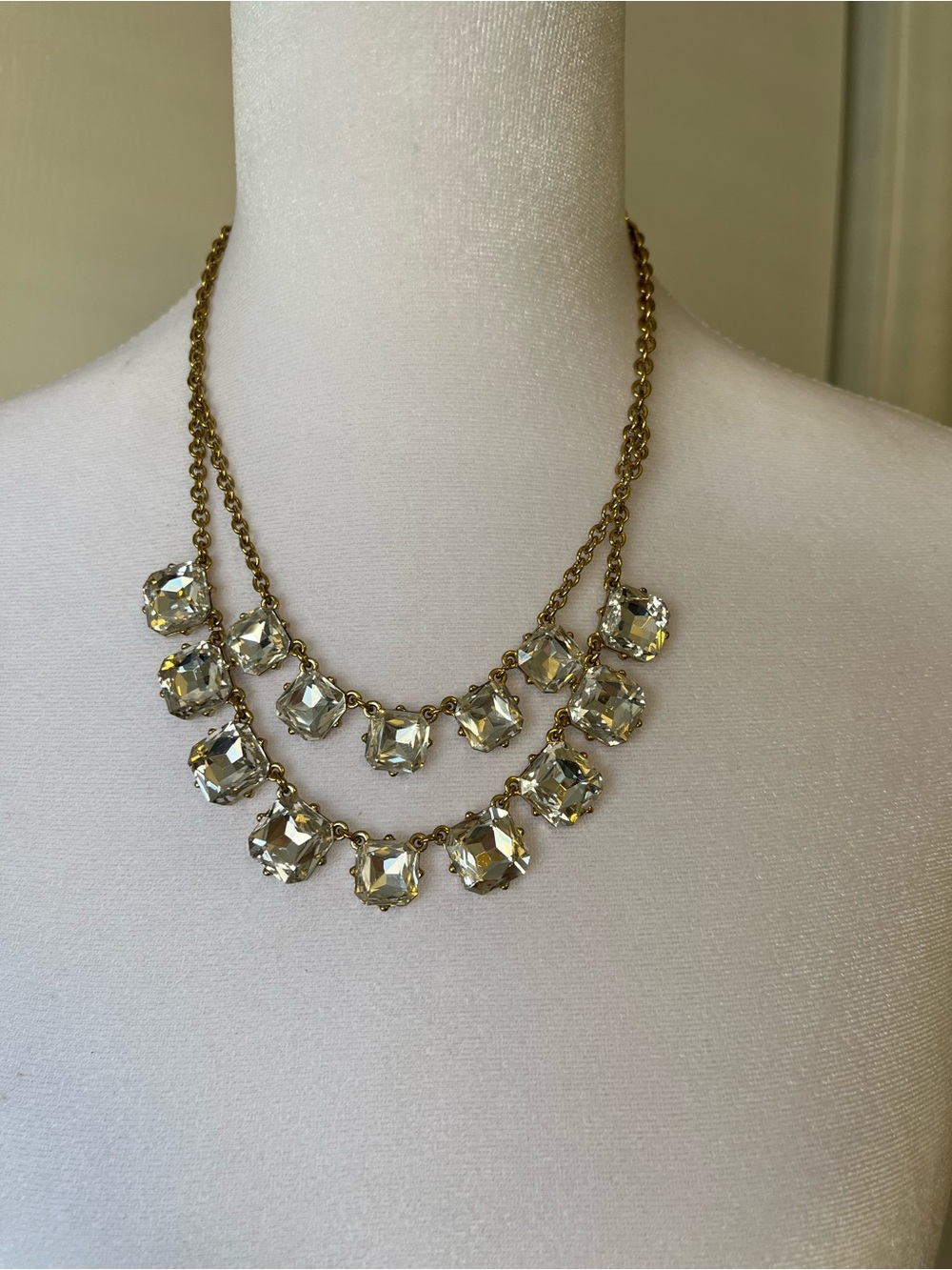 Gold Tone Large Square Rhinestone Statement Necklace Bib 18”